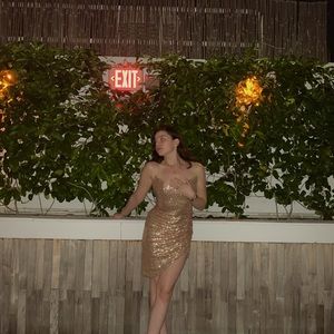 Sequin dress with slit on leg. Gold finish